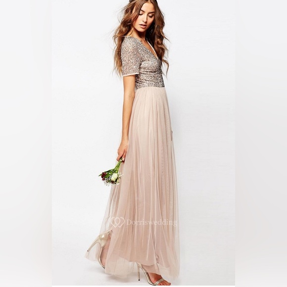 Maya Deluxe Sequin Tulle Evening Wedding Bridesmaid Prom Princess Sparkle Beige - Picture 3 of 11